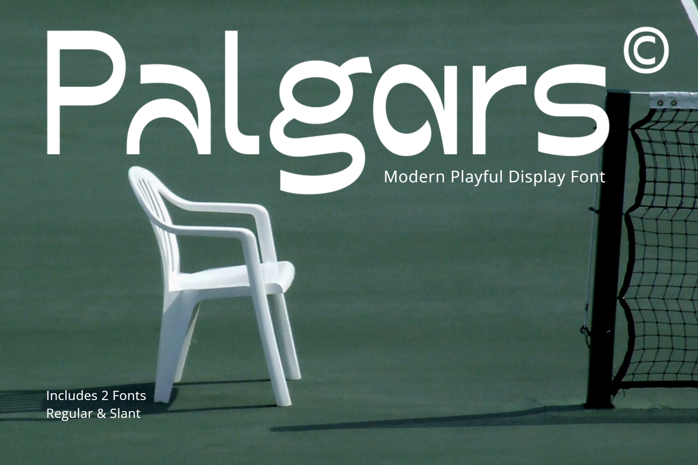 Palgars modern playful display font mockup with white chair volleyball net green backdrop