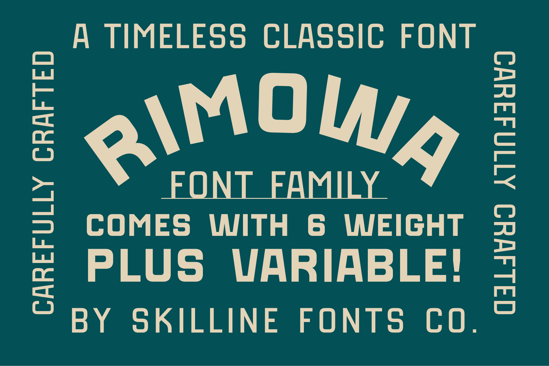 Rimona font family sample with 6 weight variations, teal background with cream serif lettering