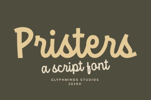 Pwistena script font in cream on sage green with designer credit