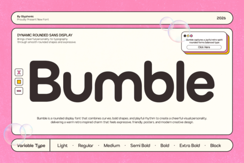 Bumble display font presentation showing all seven weights on pink background