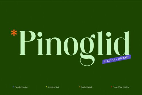 Pinoglid typeface name with regular plus oblique styles tagged on green