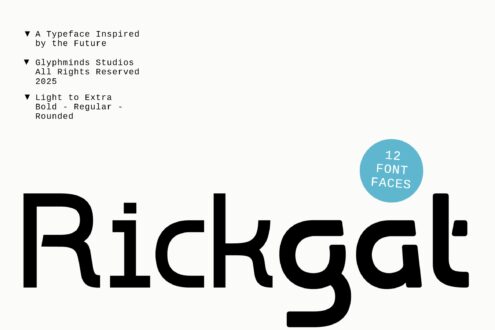 Rickgal font display with 12 font faces badge, tech-inspired rounded typeface specimen