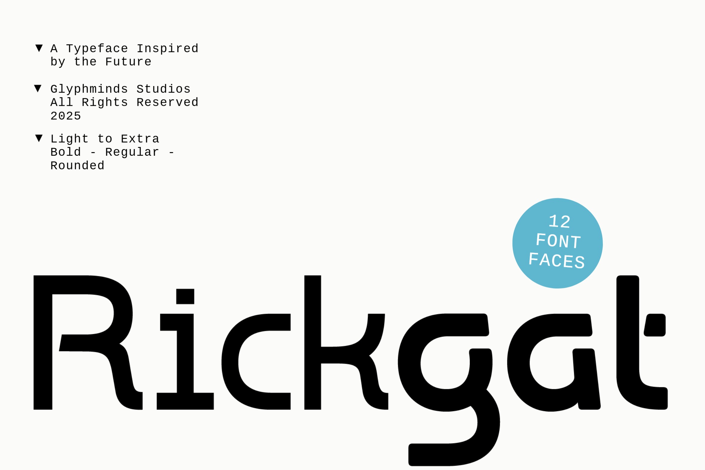 Rickgal font display with 12 font faces badge, tech-inspired rounded typeface specimen