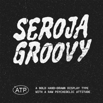 Seroia Groovy bold hand-drawn display typeface with speckled texture on starry background