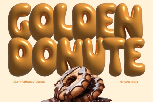 Golden Donute 3D SVG font with thick rounded letterforms above melting chocolate donut