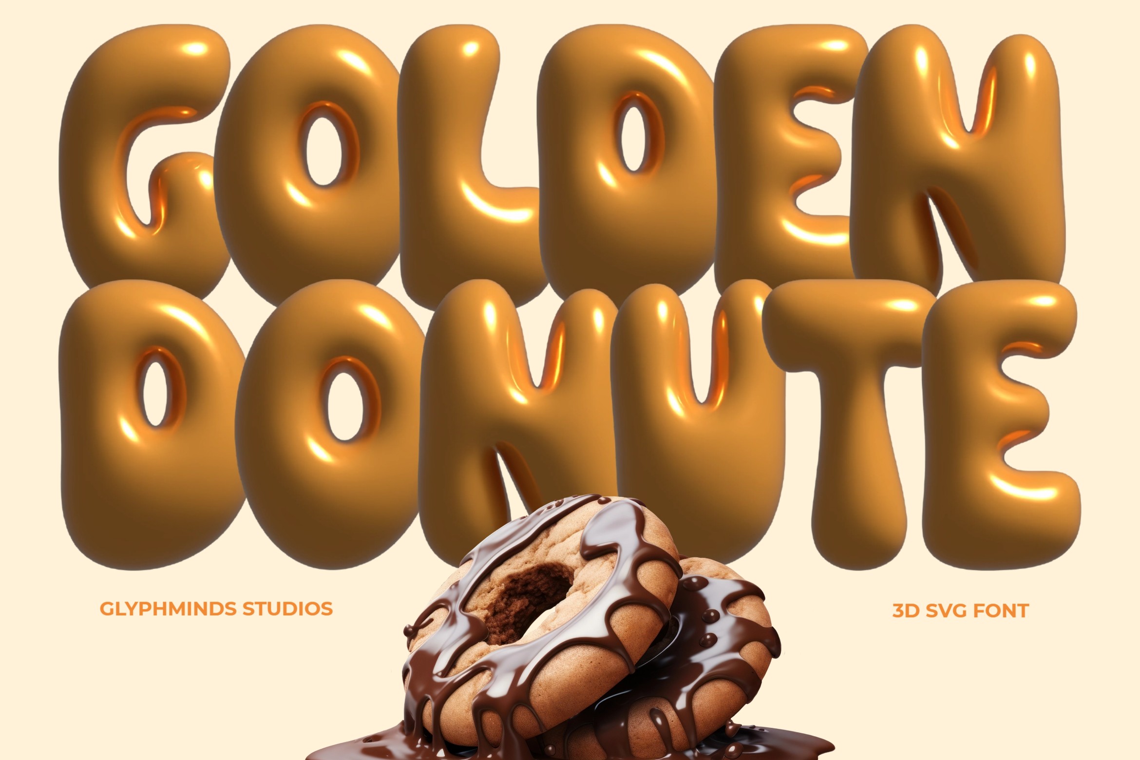 Golden Donute 3D SVG font with thick rounded letterforms above melting chocolate donut