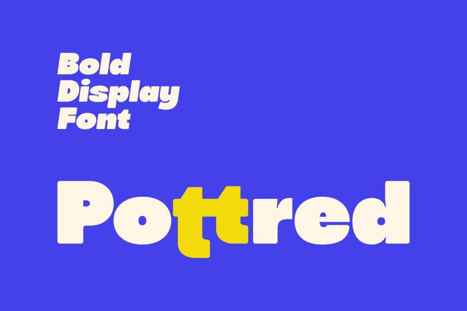 Bold display font Potred featured on a blue background offering a modern and playful style perfect for graphic and web design projects and templates.