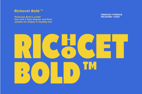 Bold yellow font Ricocet Bold against blue backdrop ideal for display or heading text in design projects typography asset font design graphic resources