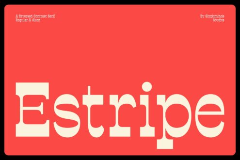 Cream serif font with reversed contrast on bright red background, regular plus slant weights