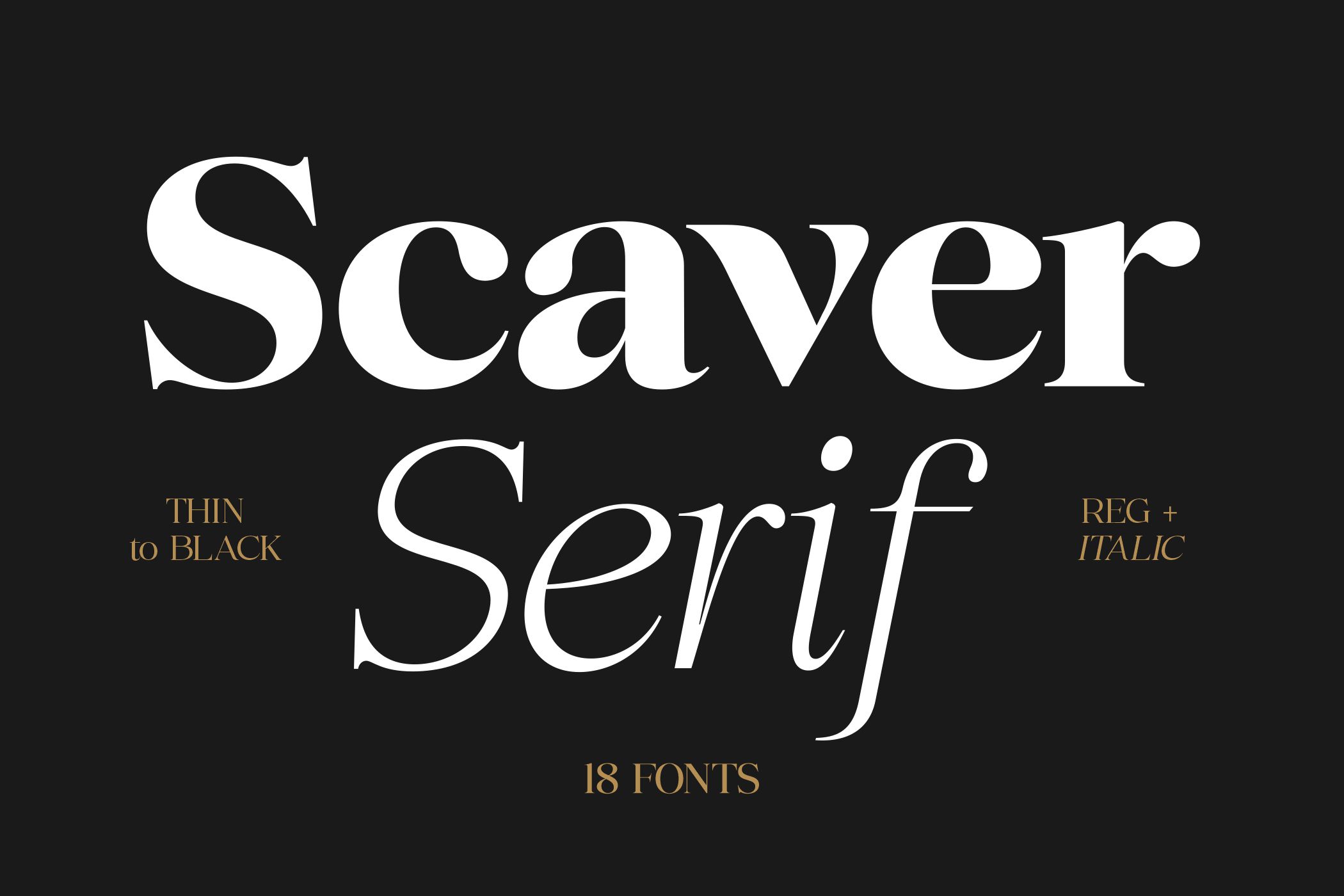 Scaver Serif typeface sample with 18 fonts, thin to black range plus italics