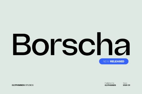 Borscha font displayed large in black on mint background with new released badge