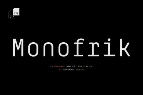 Monofrik typeface title with format badges showing OTF, TTF file types available