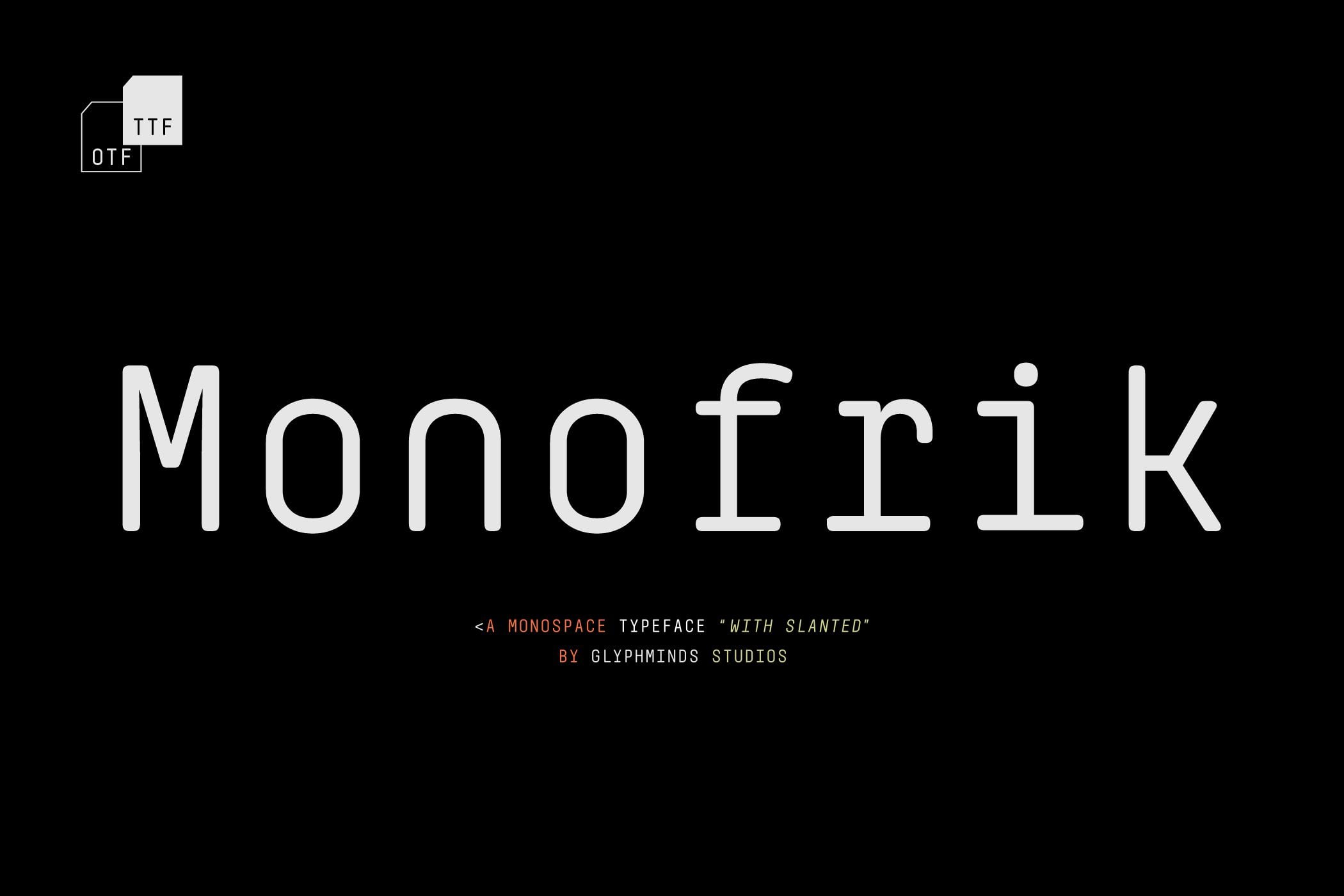Monofrik typeface title with format badges showing OTF, TTF file types available