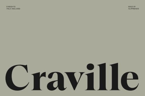 Graville font family specs showing nine weights with italic option on neutral background
