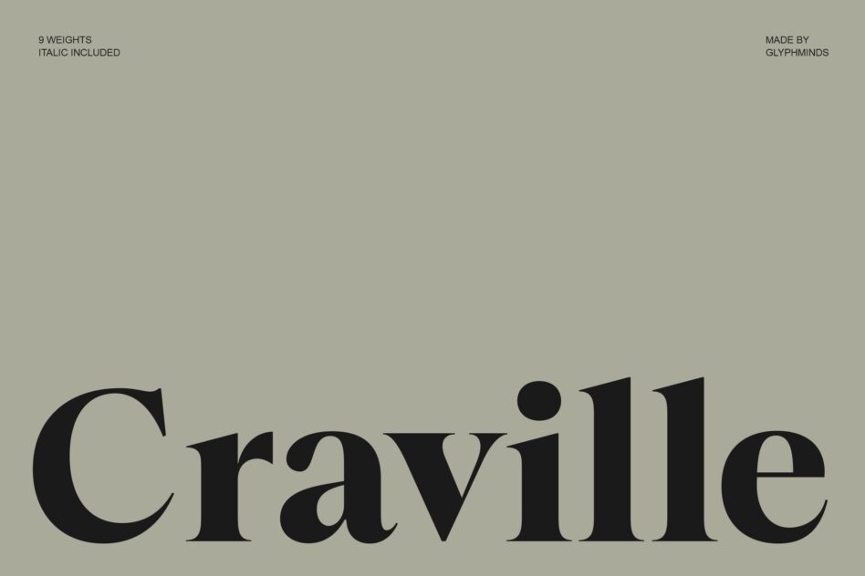 Graville font family specs showing nine weights with italic option on neutral background