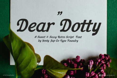 Cream card with dark pink flower buds in corner, black script font displaying Dear Dotty retro script font name by Yenty Jap Co