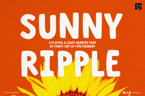 Bold white sans serif letters spelling Sunny Ripple over vibrant orange sunflower