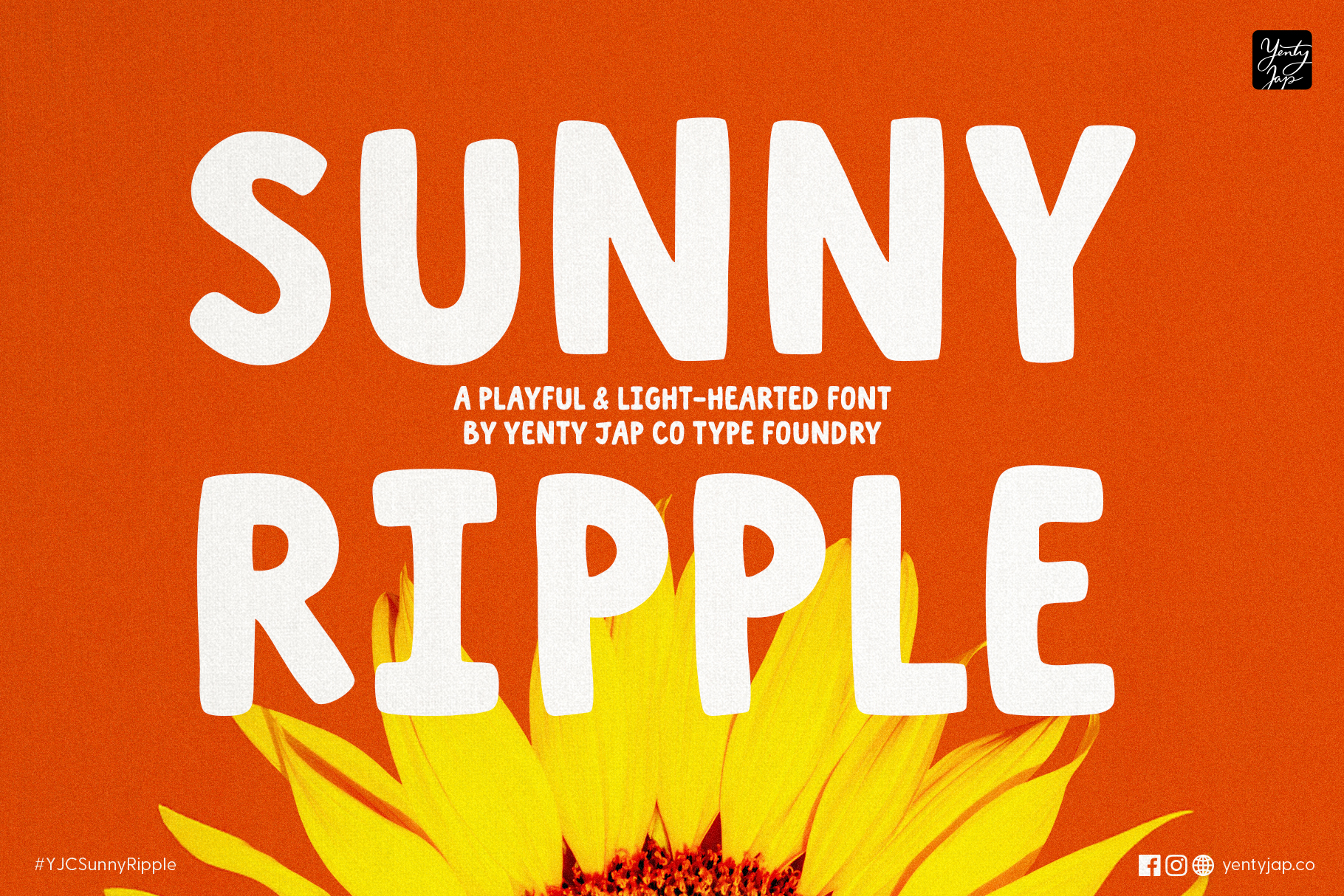 Bold white sans serif letters spelling Sunny Ripple over vibrant orange sunflower