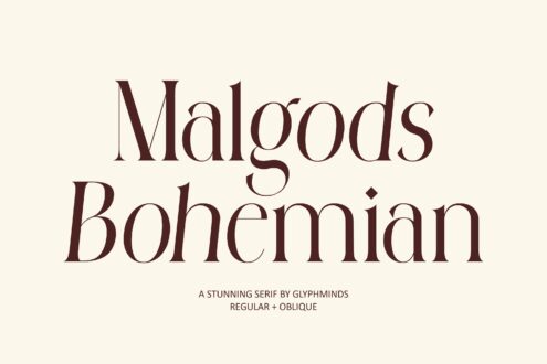 Cream background displaying elegant serif font Malgoods Bohemian with subtitle crediting Glyphminds