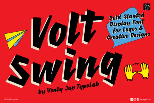 Volt Swing font branding showing bold black slanted letters with cream offset on red background