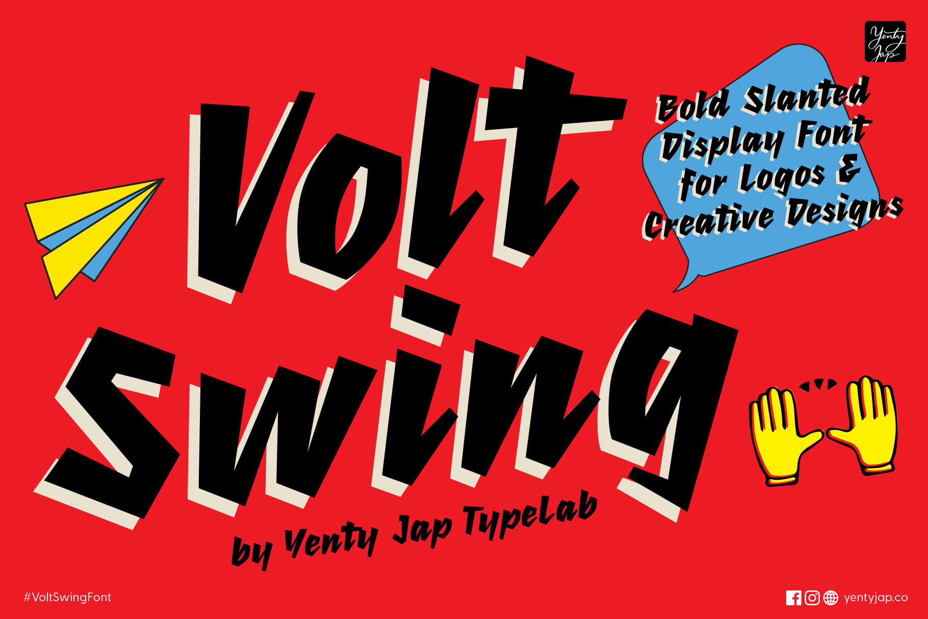 Volt Swing font branding showing bold black slanted letters with cream offset on red background