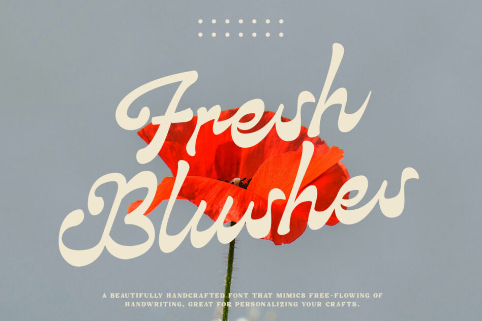 Cream script font overlaying bright red poppy flower on soft gray backdrop
