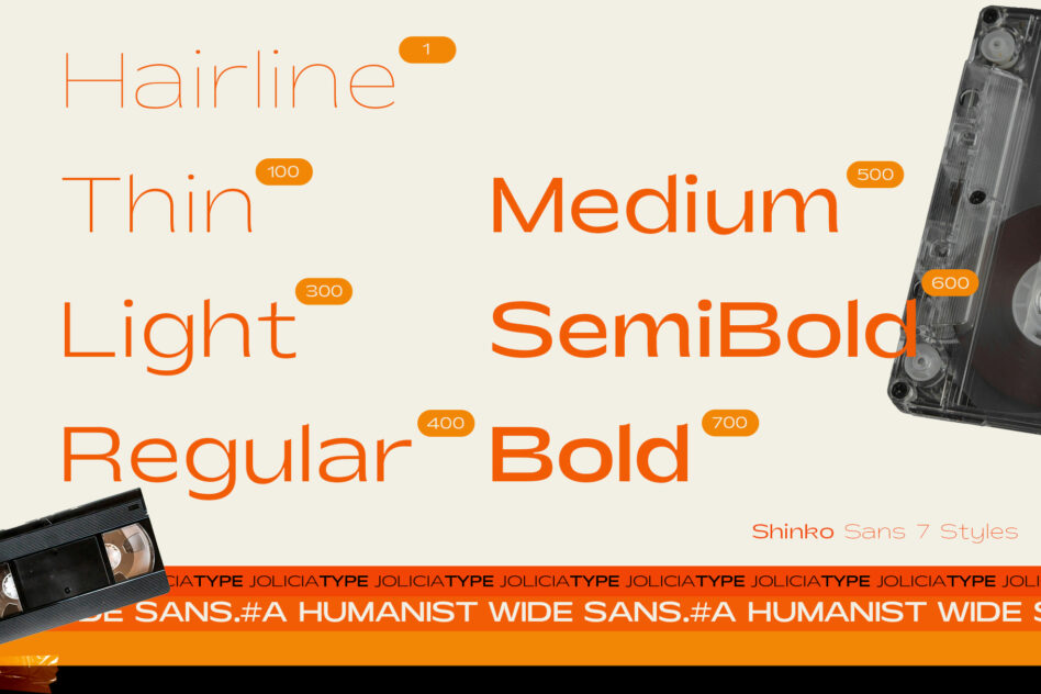 Shinko Sans typeface showing weight variations from Hairline to Bold with cassette visuals