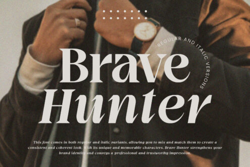 Brave Hunter serif font in white italic regular versions with watch close up