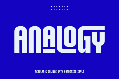 Analogy font in white letters on bright blue background