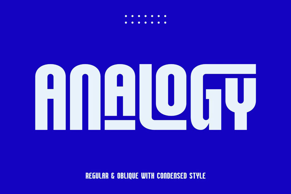 Analogy font in white letters on bright blue background