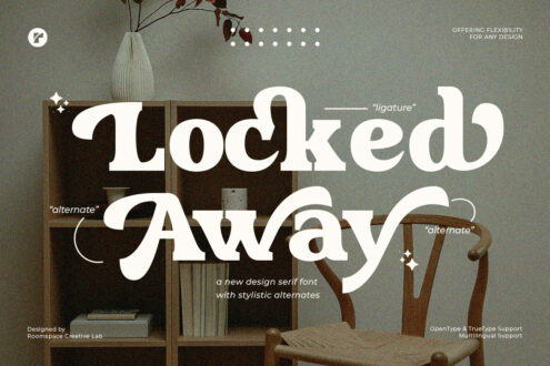 Locked Away serif font showcase with stylistic alternates displayed on vintage wooden interior backdrop