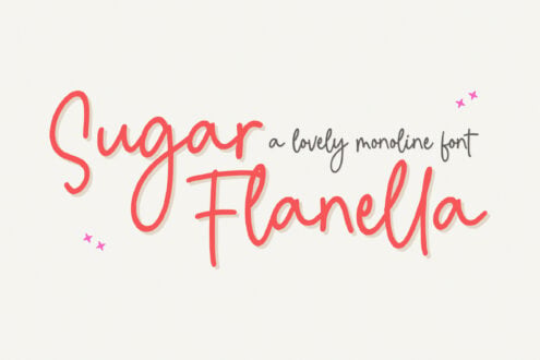 Sugar Flanella monoline font in coral with gray descriptor text, pink sparkles