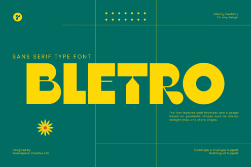 Teal background with bright yellow geometric sans serif typeface Bletro displayed with construction grid