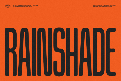 Bold Rainshade font in black on an orange background showcasing tall condensed display typeface for impactful design typography templates