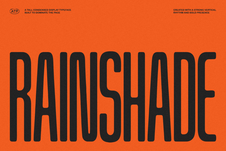 Bold Rainshade font in black on an orange background showcasing tall condensed display typeface for impactful design typography templates