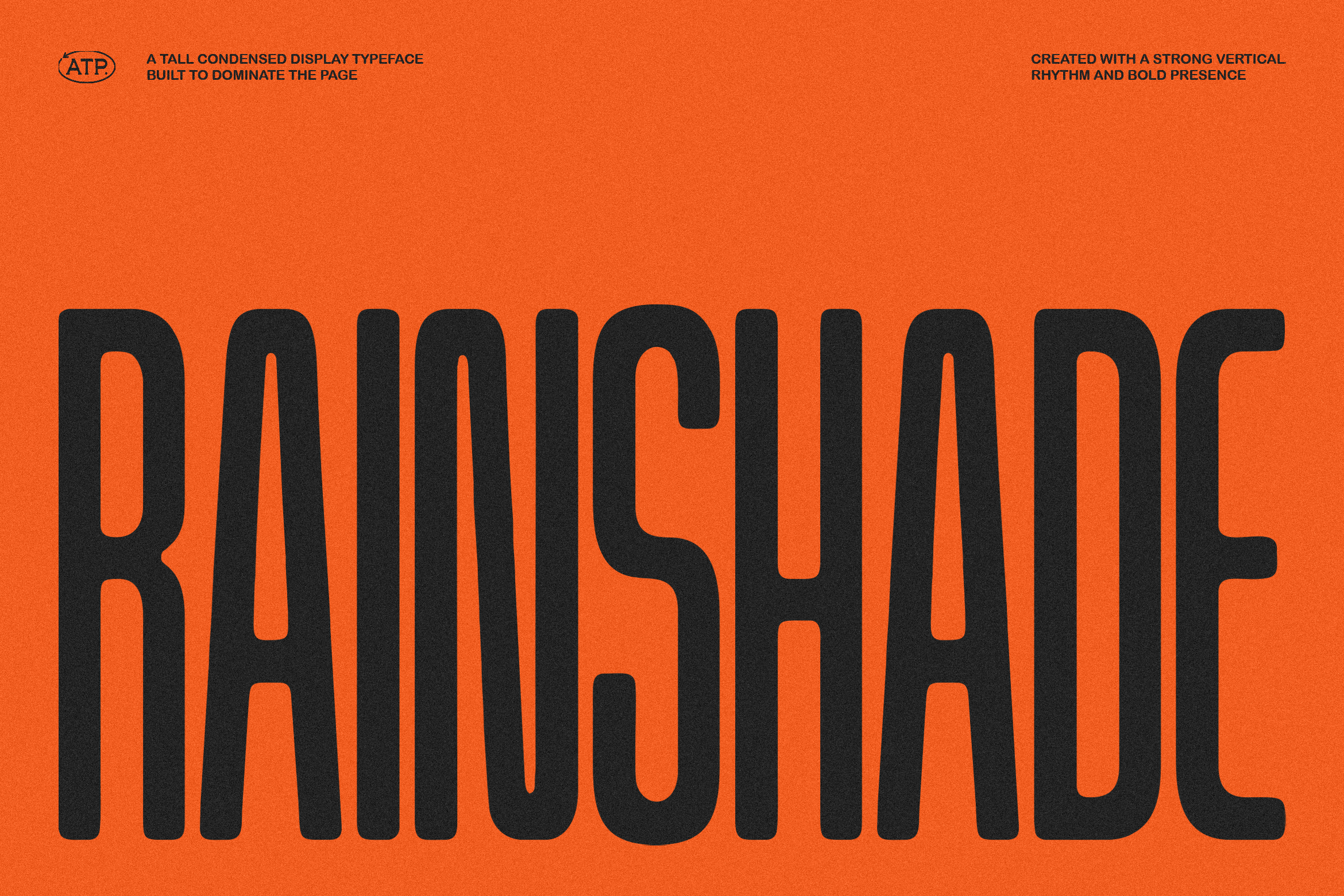 Bold Rainshade font in black on an orange background showcasing tall condensed display typeface for impactful design typography templates