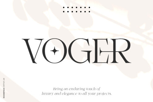 Voger serif font name with decorative dot pattern on cream background