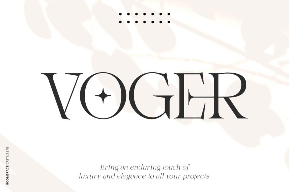 Voger serif font name with decorative dot pattern on cream background