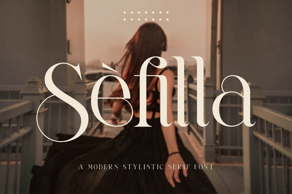Senna serif font overlaid on urban rooftop scene with woman