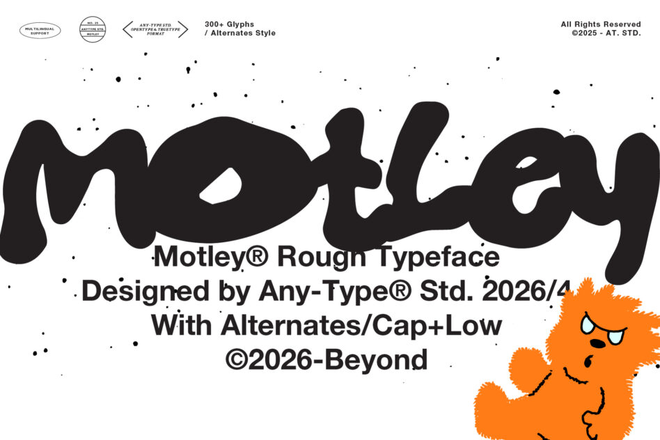 Motley typeface showcase with distorted letters orange character in corner