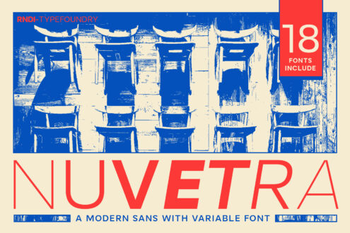 Nuvetra font bundle with 18 variable sans typefaces, retro blue poster design with stacked chairs