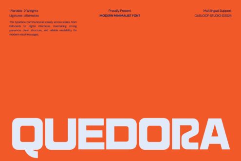 Quedoa font family display showing 9 weights with multilingual support on bright orange background