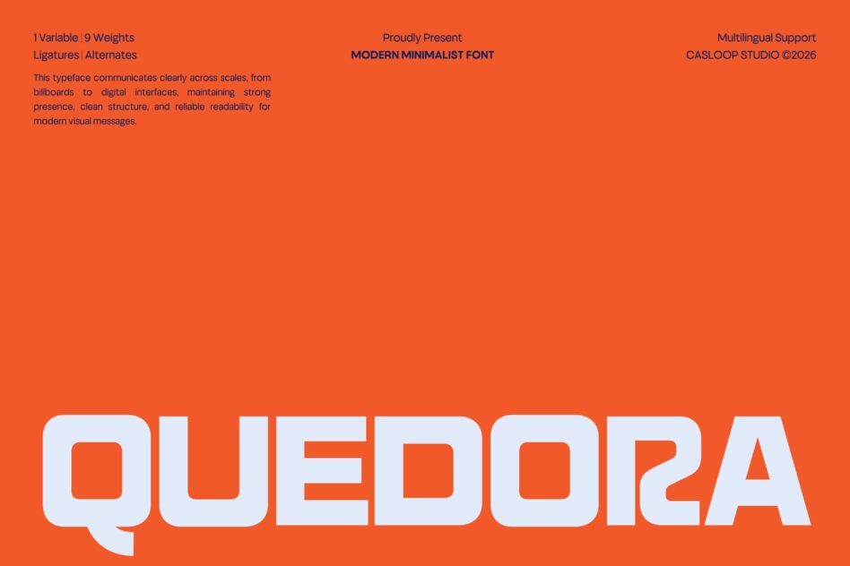 Quedoa font family display showing 9 weights with multilingual support on bright orange background
