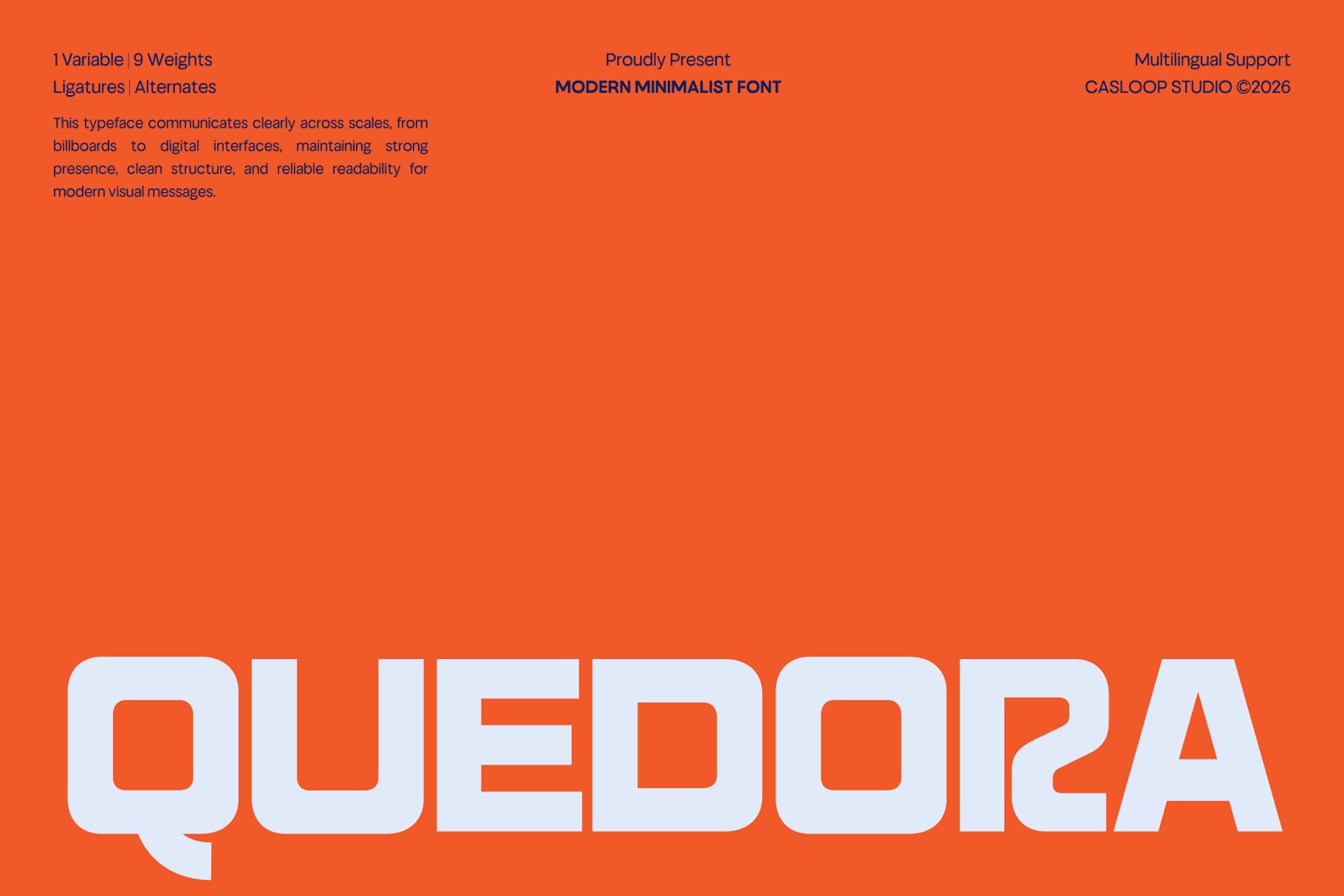 Quedoa font family display showing 9 weights with multilingual support on bright orange background