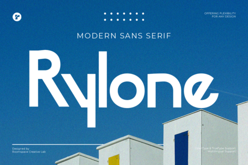 Modern sans serif typeface named Ryllone displayed on blue architectural background