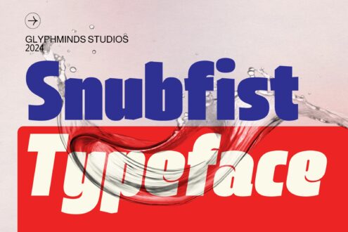 Snubfist Typeface 2024 title with liquid brush strokes over blue navy type