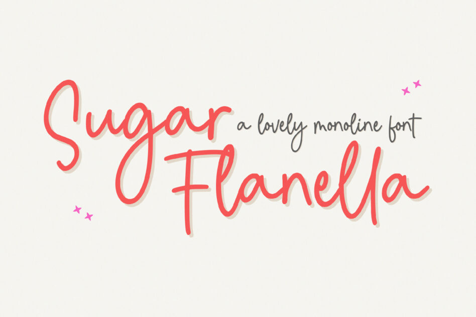 Sugar Flanella monoline font in coral with gray descriptor text, pink sparkles