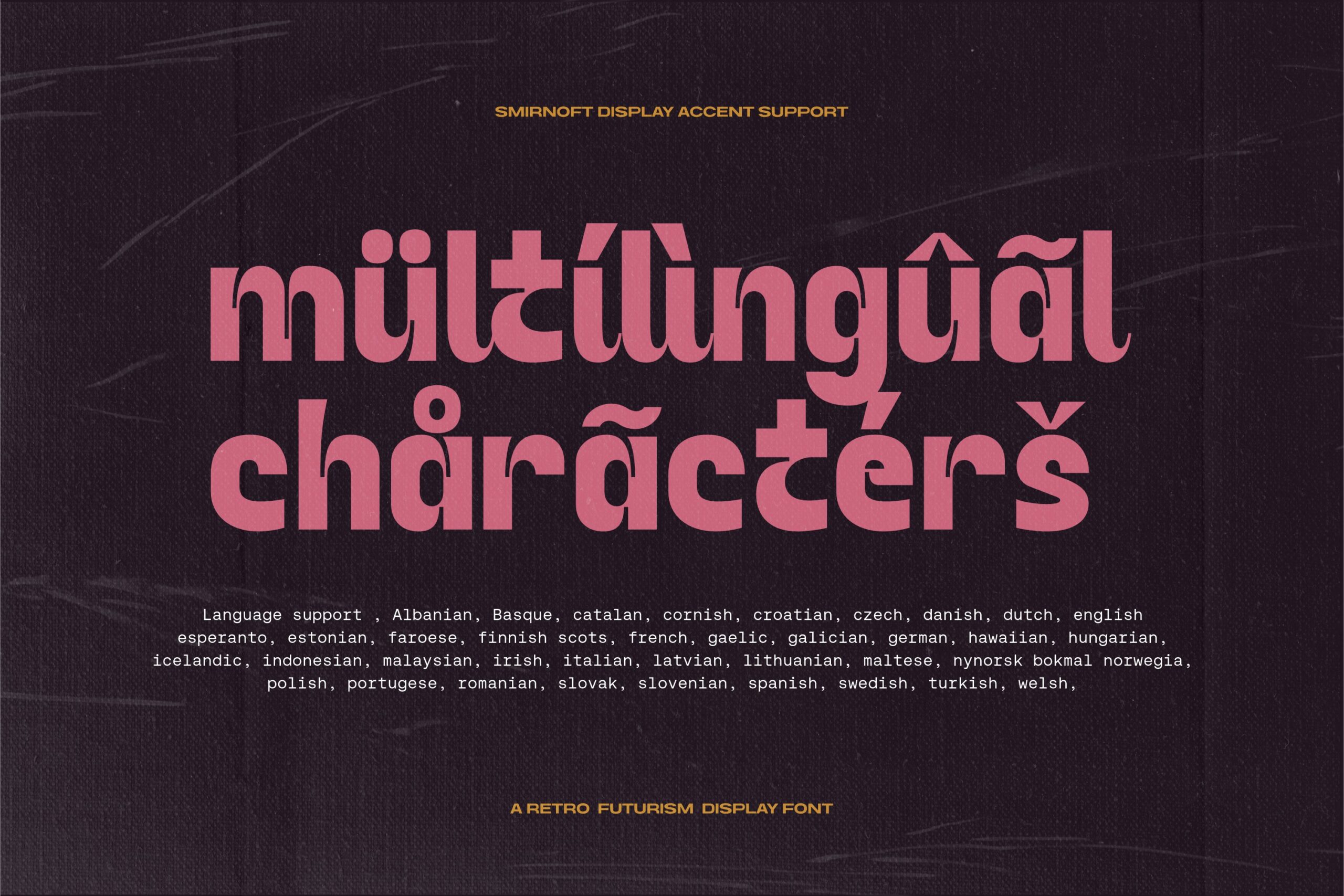 Pink retro futurism display font with multilingual character support on dark texture