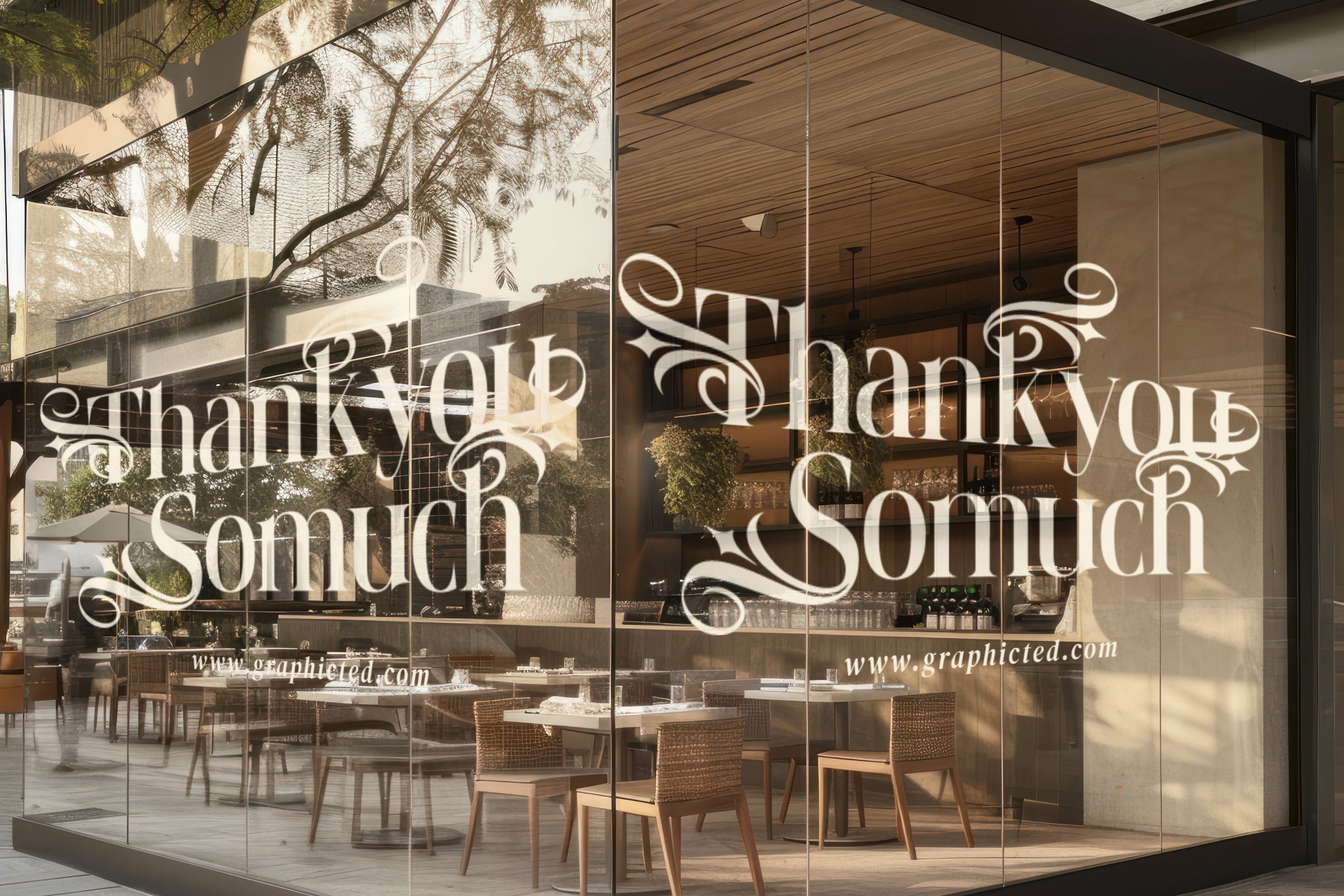 Glass storefront window with ornamental thank you script lettering overlay