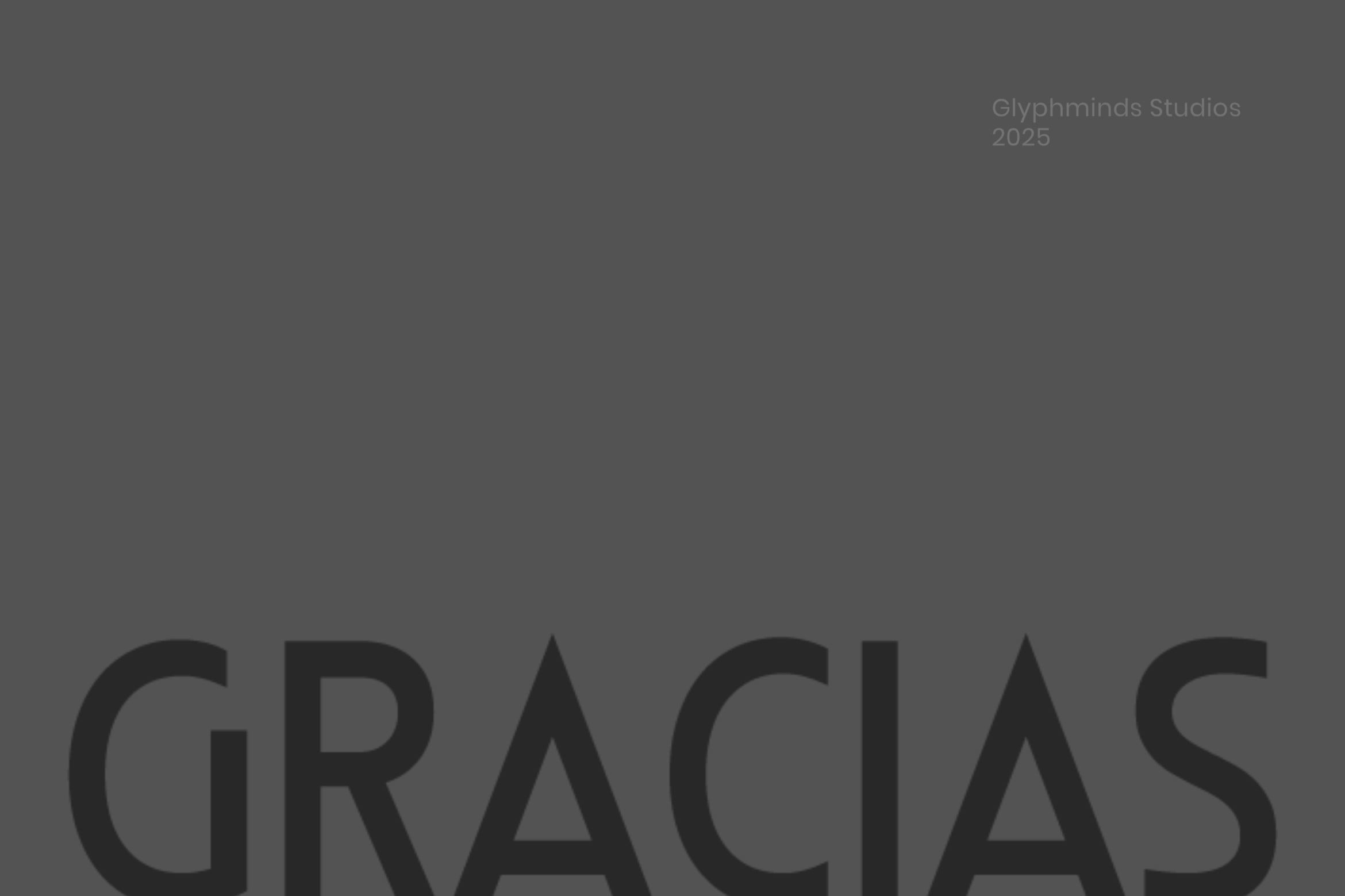 Gracías typeface large text on dark gray background with studio branding